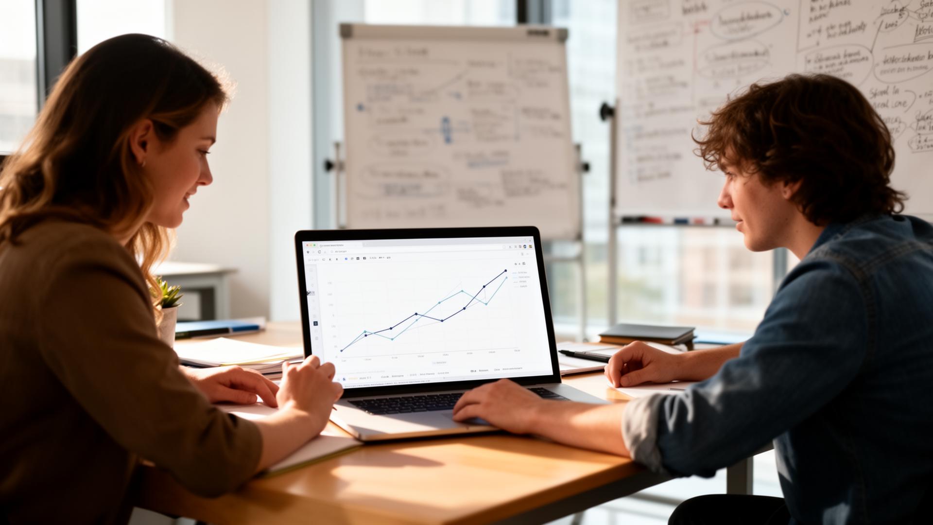 Two operators reviewing a marketing dashboard together at a desk.
